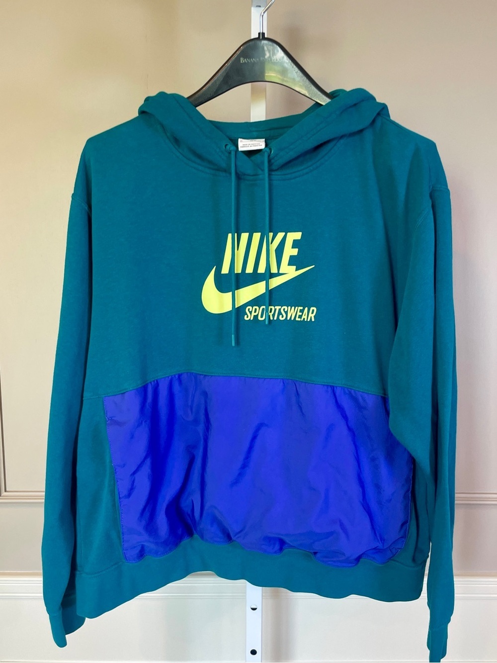 Y2K Nike Women's Fleece Hoodie XL Teal Purple Colorblock Oversized Pocket
